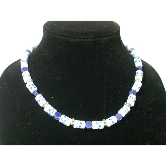 Vintage Blue & White Ceramic Beaded Delft Necklace With Rhinestone Accents - Picture 6 of 6